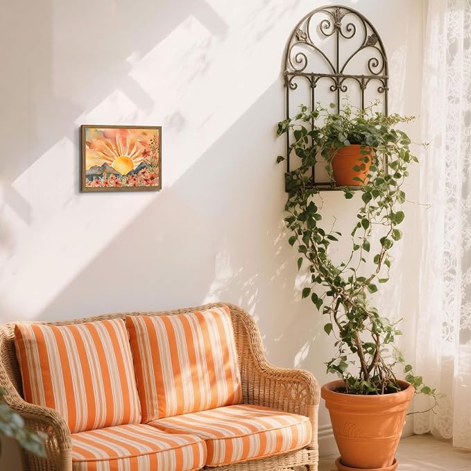 Framed Sunset Boho Wall Art for Living Room - Modern Abstract Floral Canvas Picture Boho Wall Decor, Sun Landscape Aesthetic Painting Poster Prints for Bedroom Home Office 8x10 inch