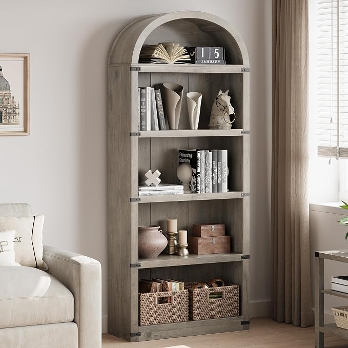 GarveeHome Bookcase 5 Shelf Arched Bookshelf 71.65 in Tall Bookcase Farmhouse Display Storage Rack Wooden Bookshelves for Home Office, Living Room (Rustic Gray)