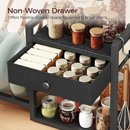 MAHANCRIS Desktop Shelf Organizer, 2-Tier Wooden Desk Bookshelf, Small Tabletop Book Shelf with Draw and Hooks, Countertop Storage Rack for Home, Office, Dorm, Black POBK2201