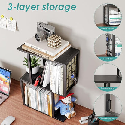 Small Bookshelf Desk Organizer，3-Tier Shelf for Top of Desk Workspace Organizers for Office Accessories, Black