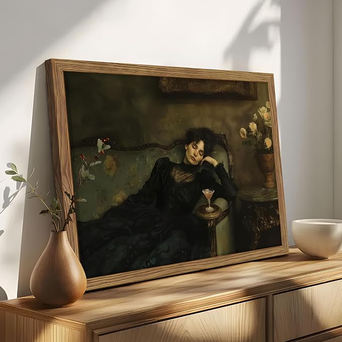 Framed Vintage Victorian Wall Art, Moody Woman Reclining on Sofa Canvas Poster, Dark Academia Portrait Oil Painting Prints, Classical Elegant Wall Decor for Living Room Bedroom Study 16x24in