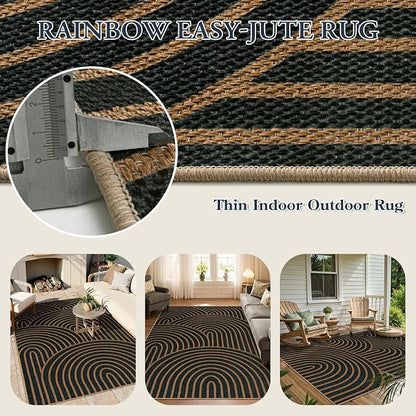 Lahome Modern Rainbow Easy Jute Carpet, Washable 5x7 Area Rugs for Living Room Black Farmhouse Dining Room Rug, Contemporary Natural Throw Mat Non Slip Floor Carpet for Office RV Patio