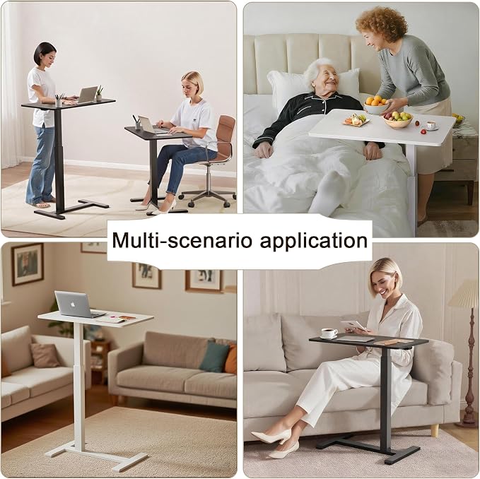 Overbed Bedside Table with Wheels,Rolling Standing Desk Adjustable Height,Pneumatic Mobile Laptop Desk Computer Cart,Rolling Side Table for Home Office,Classroom,Black