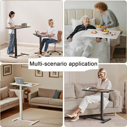Mobile Standing Desk with Hidden Wheels,Adjustable Pneumatic Standing Laptop Desk,Rolling Teacher Overbed Bedside Table for Home,Office,Classroom,White