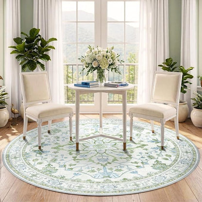 RELEANY Area Rugs Round 5ft Washable Non-Slip, Floral Vintage Distress Medallion Carpet for Living Room Bedroom Dining Room, Green White Blue
