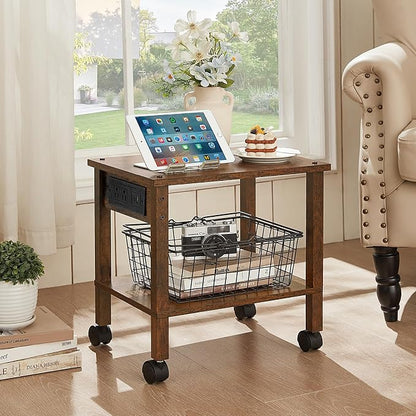 YUFAM 2 Tier Under Desk Printer Stand with Storage, Small Printer Table with Charging Station, Rolling Printer Cart Shelf with Lockable Wheels for Home, Office (Brown)