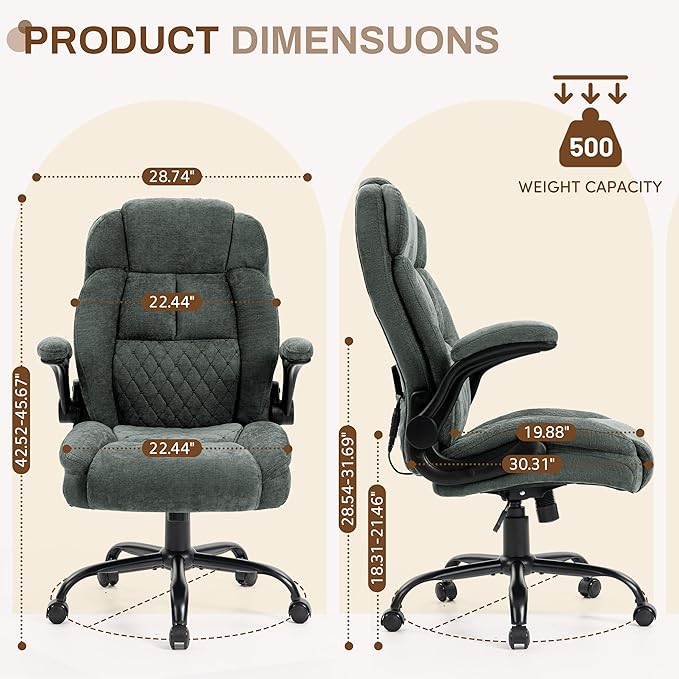 Massage Office Chair,500LBS Ergonomic Rocking Executive Desk Chairs with 4 Points Vibration&Heat,Padded Flipup Armrests for Big and Tall Office Chair,Swivel Computer Chair Fabric DarkGreen