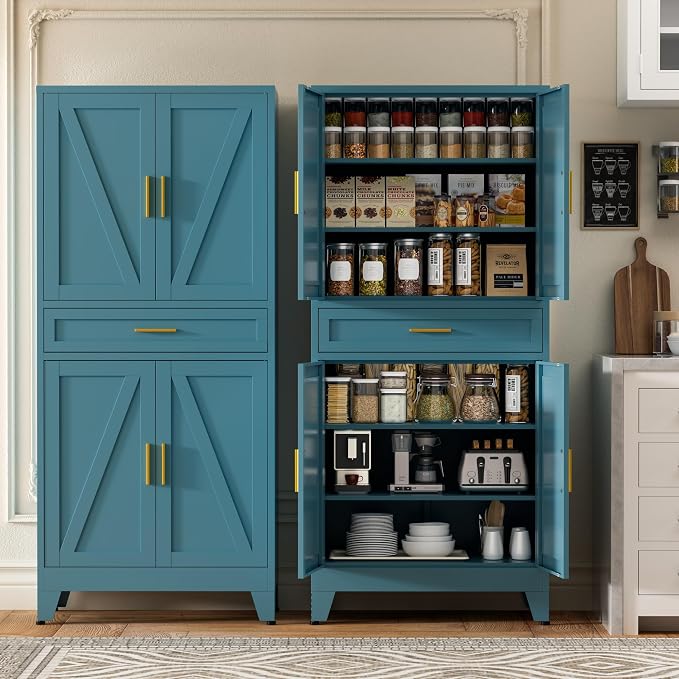 Baborokic 71" Tall Metal Storage Cabinet with Adjustable Shelves,Farmhouse Kitchen Pantry Cabinet with 2 Barn Doors and Drawer,Large Storage Cabinets for Dining Room,Bathroom,Living Room(Blue)