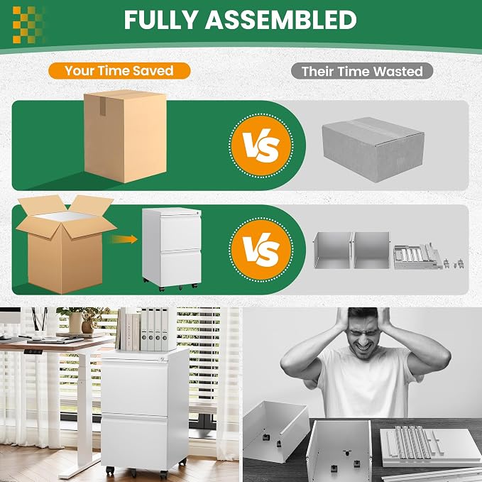2 Drawer File Cabinet with Lock, Small Rolling Filing Cabinet for Home Office, Printer Stand, 2 Drawer Under Desk Filing Cabinet with Wheels for Legal/Letter/A4 (Fully Assembled,White)