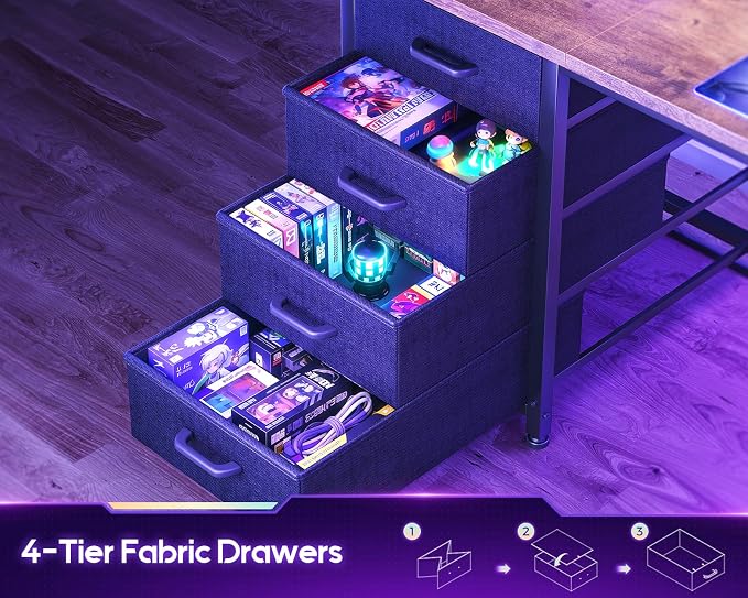 AODK L Shaped Gaming Desk with Hutch, 59" Computer Desk with 4 Drawers & Storage Shelves, Reversible Corner Desk with LED Light & Power Outlets, Gamer Table for for Home Office, Vintage