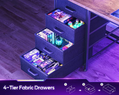 AODK L Shaped Gaming Desk with Hutch, 59" Computer Desk with 4 Drawers & Storage Shelves, Reversible Corner Desk with LED Light & Power Outlets, Gamer Table for for Home Office, Vintage