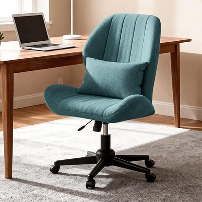 ZZW Criss Cross Chair with Wheels, Wide Cross Legged Office Chair Armless Comfy Desk Chair with Tall Back Vanity Chairs with Stress Relief Curved Design Seat for Bedroom & Office & Home Blue
