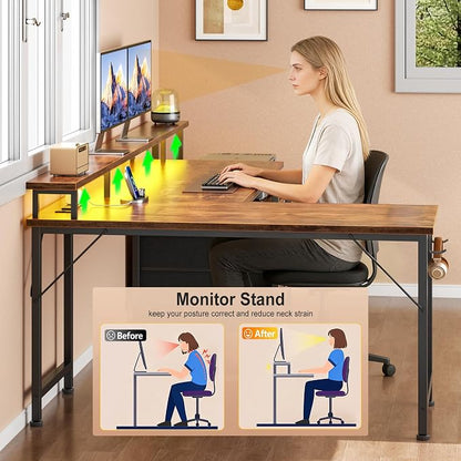 66'' L Shaped Desk with Power Outlets and USB-C Port, Reversible Office Desk with drawers and Storage Shelves, Computer desk with Led Lights and Host stand for Home Office, Gaming, Work, Rustic Brown