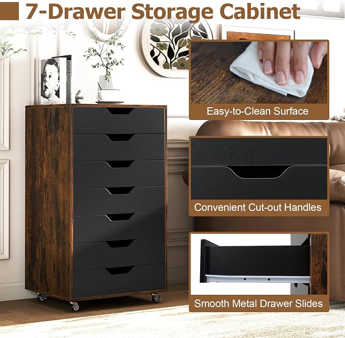 7 Drawer File Cabinet, 34.5" Vertical Storage Drawer Cart, Under Desk Office Organizer, Wooden Printer Stand, Rolling Filing Cabinet for Home Office (Rustic Brown)