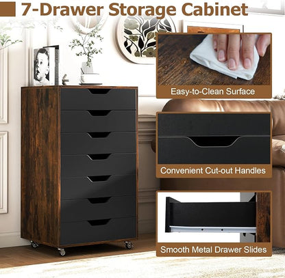 7 Drawer File Cabinet, 34.5" Vertical Storage Drawer Cart, Under Desk Office Organizer, Wooden Printer Stand, Rolling Filing Cabinet for Home Office (Rustic Brown)