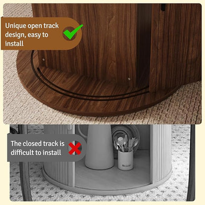 47 inch Round Dining Table for 4-6, Dinner Table with 2-Layer Storage Shelf, Morden Circle Kitchen Table with Wooden Strip Base and Wood Slide Door for Home Dining Room, Living Room, Walnut