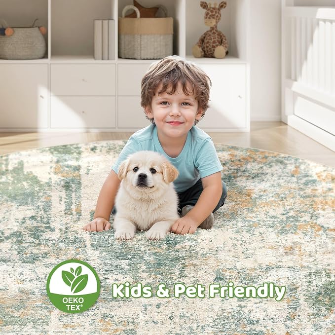 5ft Round Rug Living Room Rugs: 5x5 Washable Circle Large Abstract Modern Soft Stain Resistant Non-Slip Indoor Floor Carpet for Bedroom Nursery Office Dining Room Playroom Home House- Green