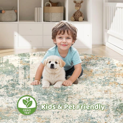 5ft Round Rug Living Room Rugs: 5x5 Washable Circle Large Abstract Modern Soft Stain Resistant Non-Slip Indoor Floor Carpet for Bedroom Nursery Office Dining Room Playroom Home House- Green