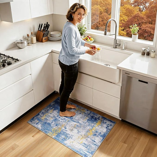 RELEANY Washable Area Rugs 2'x3' Non-Slip Modern Abstract Soft for Living Room Entryway Bedroom Kitchen, Print Pattern, Grey Blue Gold/Golden