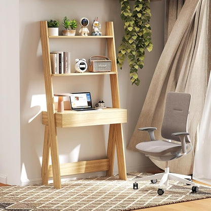 Tangkula Ladder Desk with Countertop & Drawer, Home Office Computer Laptop Table with Open Shelves & Anti-Tip Kits, Wall-Leaning Compact Working Station for Small Spaces (Natural)