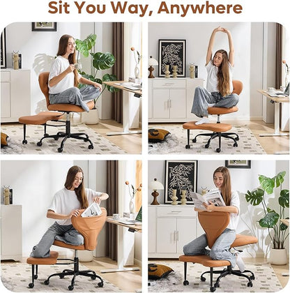 YFO Ergonomic Cross Legged Office Chair and ADHD Meditation Chair with Silent Wheels for Home Office Desk Chair and Yoga, Wider Backrest Support and Storage Pockets Design, PU Leather, Orange