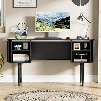 Furniway 55" Modern Writing Desk with Sliding Doors, Wood Home Office Desk with Storage, Computer Desk for Study, Living Room, Dorm, Black