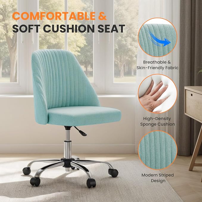 Simple Deluxe Armless Office Desk Chair, Modern Cute Swivel Vanity Chair Comfy Home Office Chairs with Wheels Height Adjustable Rolling Computer Task Stools for Living Room, Make-up, Bedroom, Teal
