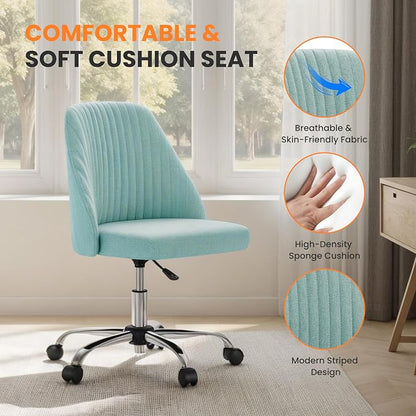 Simple Deluxe Armless Office Desk Chair, Modern Cute Swivel Vanity Chair Comfy Home Office Chairs with Wheels Height Adjustable Rolling Computer Task Stools for Living Room, Make-up, Bedroom, Teal