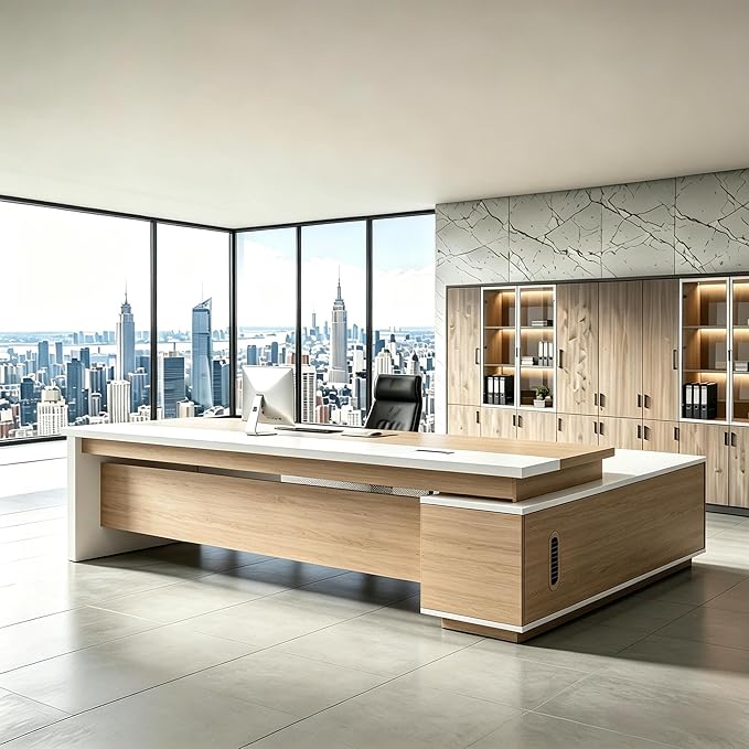 L Shaped Executive Desk with Drawers, Modern Large Wood Home Office Desk, Computer Desk with Storage for Boss Office Workstation