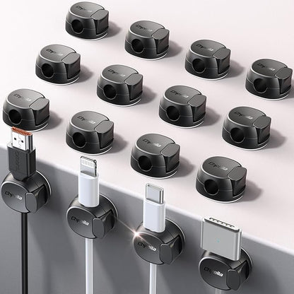 16Pack Cord Organizer [Dual Spring & Clasp, Max Secure] Cable Clips - Chfeila Cord Holder, Desk Cable Management, Adhesive Phone Charging Wire Holder for Nightstand/Car/Wall, Office Accessory - Black