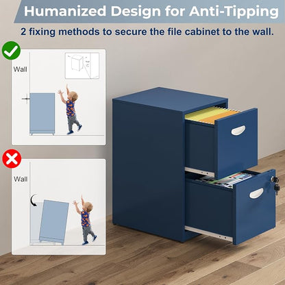 UNICOLY 2 Drawer File Cabinet with Lock, Metal File Cabinet for Home Office, Under Desk Storage, Printer Stand, for Letters and File Boxes, Assembly Required, Blue