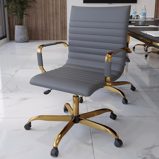 LeisureMod Harris Modern Ergonomic Executive Office Chair, High-Back Leather Conference Desk Chair with Adjustable Height, Tilt Control, 360° Swivel & Gold Frame for Home Office