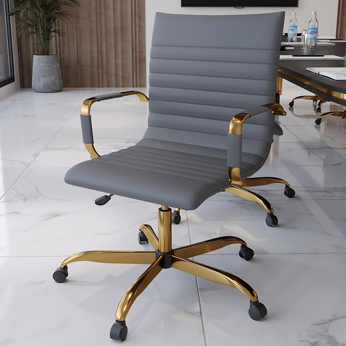 LeisureMod Harris Modern Ergonomic Executive Office Chair, High-Back Leather Conference Desk Chair with Adjustable Height, Tilt Control, 360° Swivel & Gold Frame for Home Office
