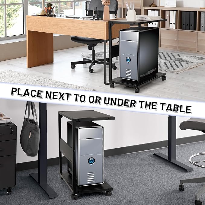 Bfttlity PC Stand Computer Tower Stand 2-Tier Metal CPU Holder with Locking Caster Wheels Suitable for Most PC (L, Black)