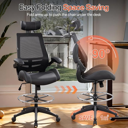BOLISS Tall Ergonomic Office Chair, Sustainable Tech-Leather Drafting Chair with Adjustable Foot Ring, 90° Flip-Up Arms Space Saving Mesh Computer Desk Chair for Standing Desk Executive Work 8+ Hours