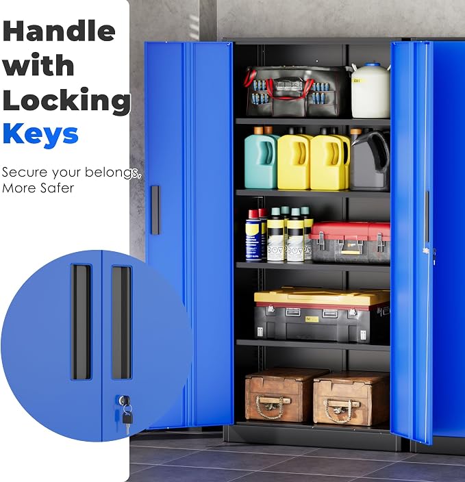 INTERGREAT Storage Cabinet with Doors and Shelves, Metal Garage Storage Cabinets with Lock, Black Lockable Steel Supply Cabinet for Home Office, Warehouse (Black Blue)