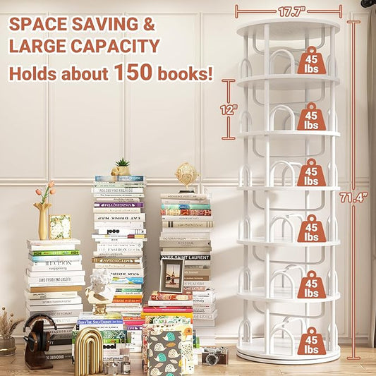 Aheaplus 6 Tier Rotating Bookshelf Tower, Revolving Bookcase, 360° Round Spinning Book Shelf, Narrow Swivel Bookshelves Vertical Rolling Turning Corner Bookshelf Organizer for Small Space, White