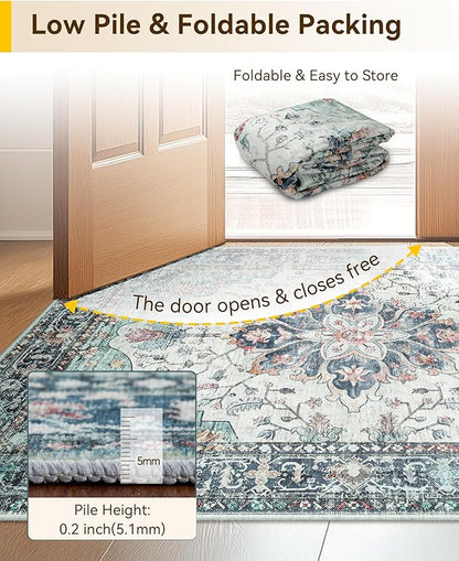 RELEANY Area Rugs Large 10'x12' Washable Non-Slip, Floral Vintage Distress Medallion Carpet for Living Room Bedroom Dining Room, Green Navy Blue White Red Teal