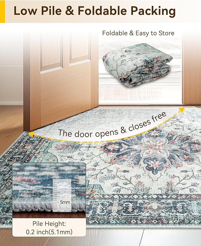 RELEANY Area Rugs Small 2'x3' Washable Non-Slip, Floral Vintage Distress Medallion Carpet for Kitchen Entryway Bathroom, Green Navy Blue White Red Teal
