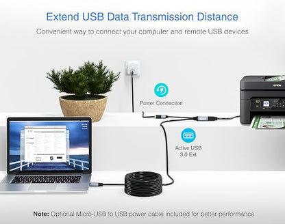 BlueRigger Active USB 3.0 Extension Cable 100FT (5 Gbps USB Extender Cord, in-Wall CL3 Rated) - Long USB Extension Cable for Webcam, VR Headset, Printer, Hard Drive, Keyboard, Mouse