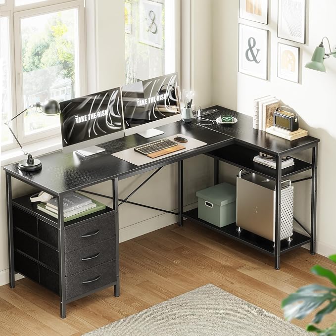 Huuger L Shaped Office Desk with Power Outlets, 55 Inch Computer Desk with 3 Drawers, Shelves, Reverisble for Gaming Corner Work Home Office Study, Black