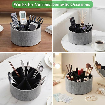 Remote Control Holder, 360°Spinning PU Leather Desk TV Remote Caddy,Desk Storage Box Room Accessories for Controller, Media,Mail,Calculator, Mobile Phone,Pencil(1-Big Thin Grey)