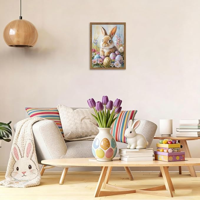Framed Easter Bunny Wall Art, Cute Bunny with Eggs Poster Prints, Vintage Cottage Holiday Theme Canvas Artwork, Spring Atmosphere Wall Decor for Kids Room Girls Bedroom Living Room 12x16in