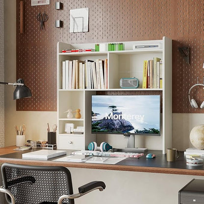 ChooChoo Desktop Bookshelf, 36.4" Tall Countertop Desk Hutch with 5 Shelves and 1 Drawer for Computer Desk, Desk Shelf Organizer for Dorm Office Home,White
