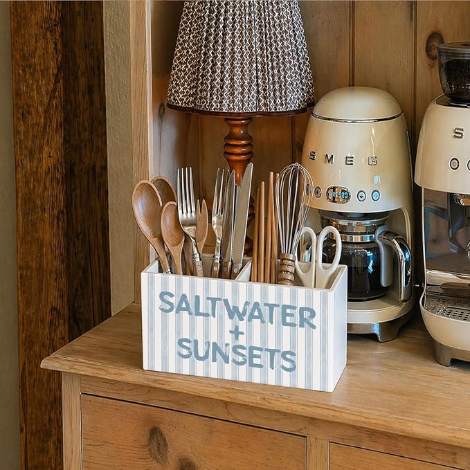 Blue Coastal Beach Pen Pencil Holder for Desk Accessories Coastal Beach Office Decor, Saltwater and Sunsets Decorative for Home Bedroom Office Desk Tabletop