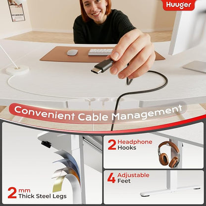 Huuger 63 X 24 Inch Electric Standing Desk with Power Outlets and USB-C Port, Height Adjustable Desk, Sit Stand Desk for Home Office, Computer & Gaming Desk with 4 Presets, Stable Steel Frame, White