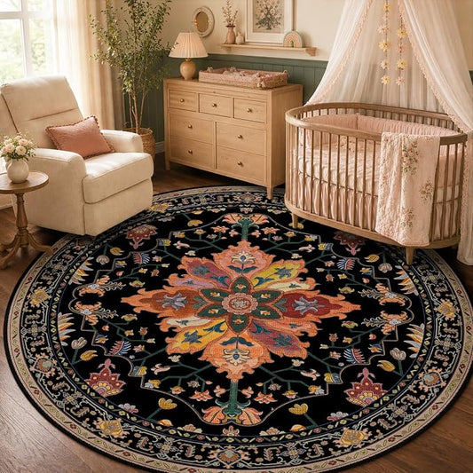 RELEANY Area Rugs Round 5ft Washable Non-Slip, Floral Vintage Distress Medallion Carpet for Living Room Bedroom Dining Room, Black Colorful Floral Dark Tan