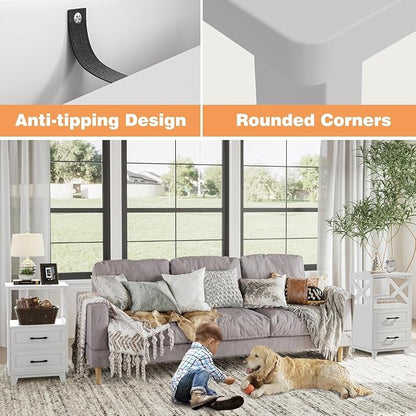 RoyalCraft 30" Tall Nightstand, Modern Painted Bedside Table with 2 Drawers and Open Shelf, Wood Side Table for Bedroom, Home Office, White-Open Shelf Above, Set of 2