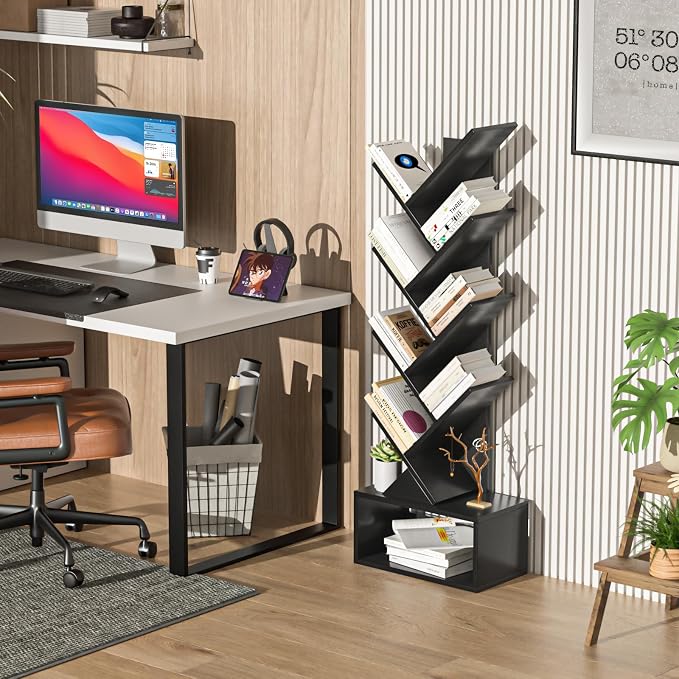 SHEEPAM 9 Tier Tree Bookshelf,Christmas Green Bookcase for Narrow Space, Storage Organizer Floor Standing Bookshelves for Books, Tall Book Case for Home Office, Living Room, Bedroom
