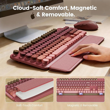 Wireless Keyboard and Mouse Combo, Magnetic Soft-Touch Wrist Rest, Round Keycaps, Full-Size Retro Typewriter Keyboard, 2-Stage Tilt Legs, Auto Sleep, 2.4GHz Cordless for Windows PC, Rose Pink Ombre